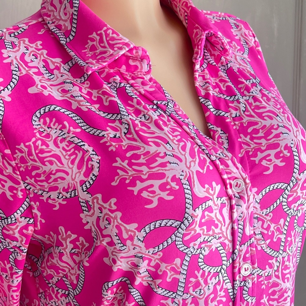 Lulu B Button Down Shirt S Womens 3/4 Sleeve Pink Coral Reef Nautical